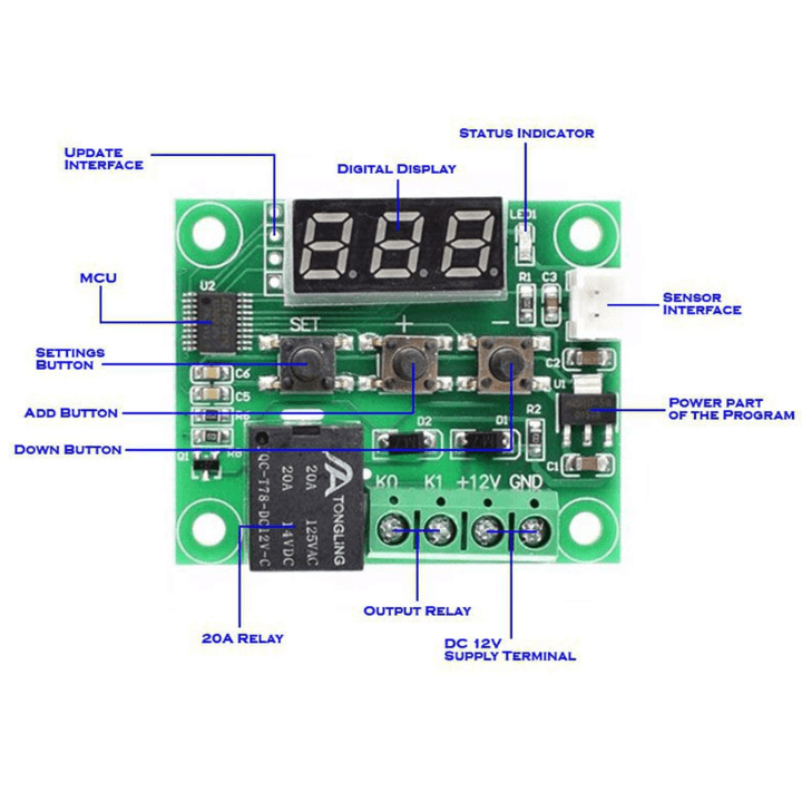Combo of W1209 Digital Thermostat Temperature Controller with 12V 2AMP Adapter, 12V DC 0.15A Fan, DC female Jack/Splitter and Alligator Clips
