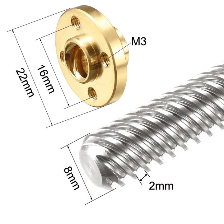 1000mm Trapezoidal 4 Start Lead Screw 8mm Thread 2mm Pitch Lead Screw with Copper Nut