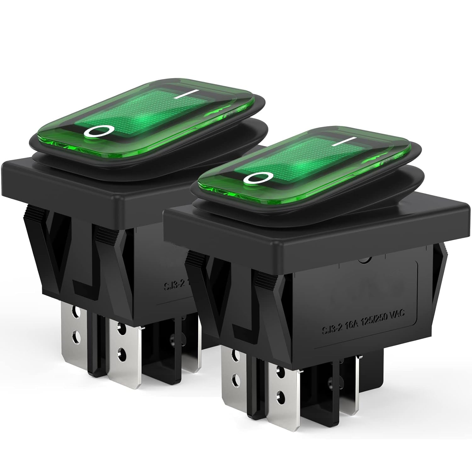 16A/125V 20A/250V AC Waterproof Green DPST Rocker Switch with Green LE