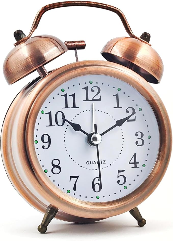 Twin Bell Analog Alarm Clock – Copper Finish | Loud Alarm for Heavy Sleepers