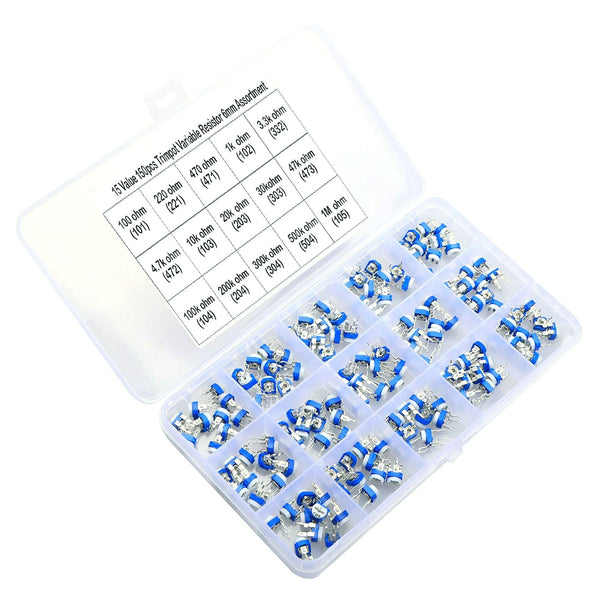 150 Pcs 15 Value 100 ohm- 1M ohm Trimpot Variable Resistor 6mm Potentiometer Assortment Kit