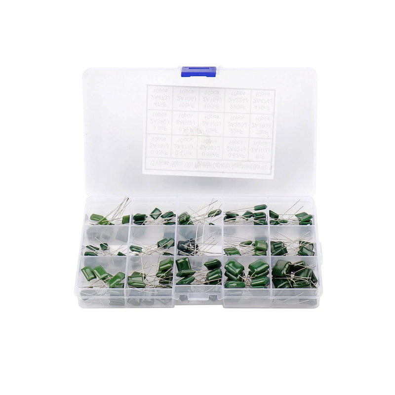 150PCS 15 Value 100V 0.33NF- 470NF Polyester Film Capacitor Assortment Kit Plastic Box